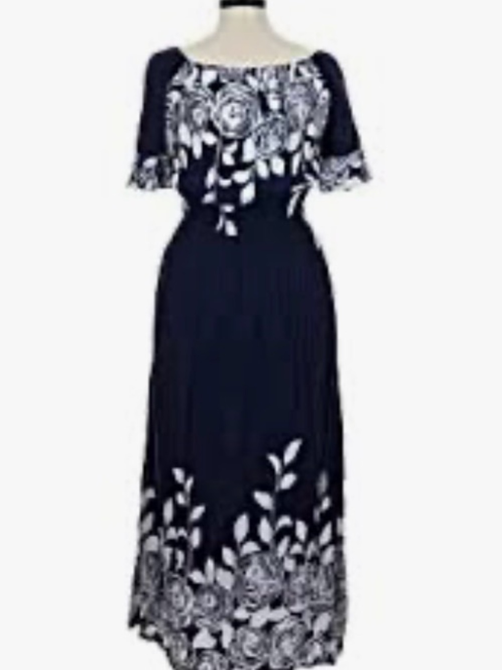 Off-Shoulder Navy Maxi Dress with White Floral Border